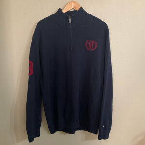NWT Tommy Hilfiger Preppy Navy Quarter Zip Sweater Men’s Size L Embroidered Cres